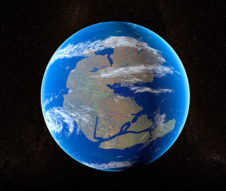 The continents - as we know them today - are grouped as one, forming a 'supercontinent' (http://www.bbc.co.uk/schools/gcsebitesize/science/images/earth1.jpg)