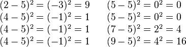 \begin{array}{lll} (2-5)^2 = (-3)^2 = 9 && (5-5)^2 = 0^2 = 0 \\ (4-5)^2 = (-1)^2 = 1 && (5-5)^2 = 0^2 = 0 \\ (4-5)^2 = (-1)^2 = 1 && (7-5)^2 = 2^2 = 4 \\ (4-5)^2 = (-1)^2 = 1 && (9-5)^2 = 4^2 = 16 \\ \end{array}  (http://upload.wikimedia.org/wikipedia/en/math/0/0/4/00470ffd9dacb77681ca030dbe5f78e3.png)