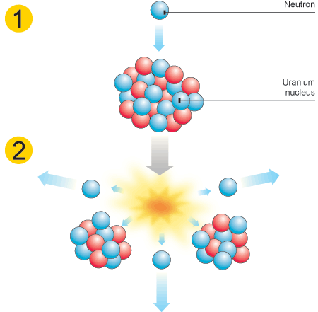 A uranium neutron hits a uranium nucleus, causing the nucleus to divide into smaller nuclei and some more neutrons. These neutrons hit more uranium nuclei. (http://www.bbc.co.uk/schools/gcsebitesize/science/images/addgateway_uranium2.gif)