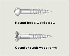 two wood screws: one with round head, one countersunk (http://www.bbc.co.uk/schools/gcsebitesize/design/images/dt_m_mmc_ca_04b.gif)