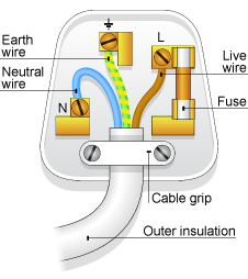The blue neutral wire goes to the left, the brown live wire to the right and the green and yellow striped earth wire is on top. The fuse fits next to the live wire. (http://www.bbc.co.uk/schools/gcsebitesize/science/images/68_wiring_a_plug.gif)