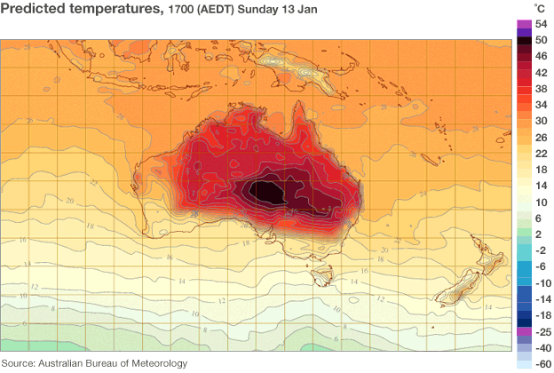 Map: Forecasted temperatures in Australia for 14 Jan. (http://news.bbcimg.co.uk/media/images/65154000/gif/_65154058_heat_map624x420.gif)