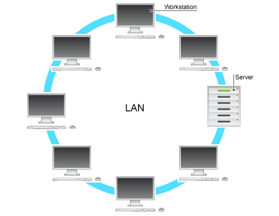 Shows multiple workstations connected in a circle, including a server. (http://www.bbc.co.uk/schools/gcsebitesize/ict/images/lan.gif)