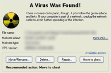 warning message informing user that a virus has been detected (http://www.bbc.co.uk/schools/gcsebitesize/ict/images/virus_detected.gif)