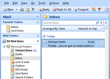 Microsoft Outlook, inbox is selected, email in inbox from Michael Smith starting 'Finally... you've got an email address!' (http://www.bbc.co.uk/schools/gcsebitesize/ict/images/outlook.jpg)