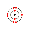 Structure of a fluorine atom. A black dot represents the nucleus. The small circle around this has two red dots on it, representing the first energy level with two electrons. A larger outer circle has seven red dots on it, representing the second energy level with seven electrons (http://www.bbc.co.uk/staticarchive/9aeb6abcdb100140b628cbc96ce4d6fa9c614580.gif)