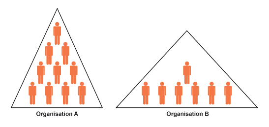 A tall, thin pyramid with lots of layers of people illustrates the staff structure of a tall organisation. A short pyramid with only two layers of people illustrates the structure of a flat organisation (http://www.bbc.co.uk/schools/gcsebitesize/business/images/people2.gif)
