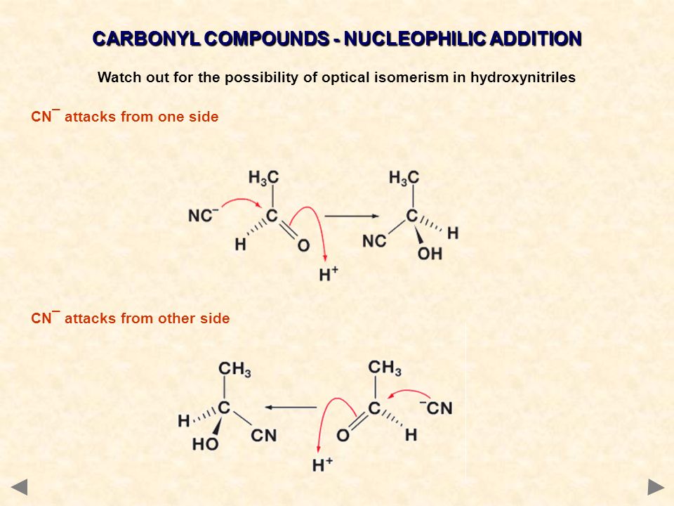 Image result for nucleophilic addition HCN optical isomers (http://images.slideplayer.com/30/9518587/slides/slide_37.jpg)
