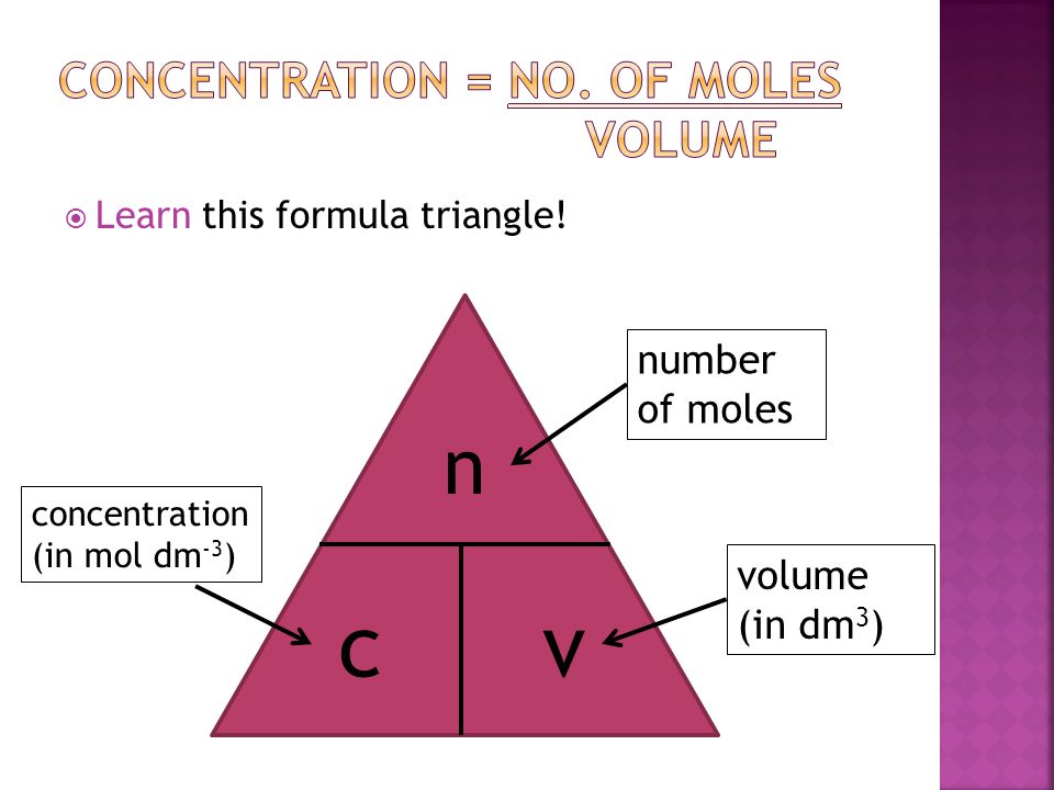 Image result for concentration calculation triangle (http://slideplayer.com/5664117/18/images/3/Concentration+%3D+no.+of+moles+volume.jpg)