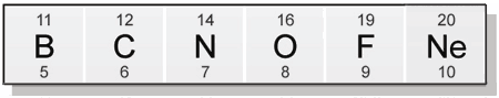 Boron (5), Calcium (6), Nitrogen (7), Oxygen (8), Fluorine (9), and Neon (10) (http://www.bbc.co.uk/staticarchive/911461f2b7c6773b8105c417f6650e24c6503c6c.gif)