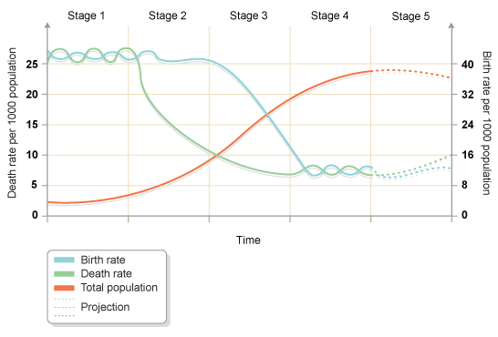 The demographic transition model (http://www.bbc.co.uk/schools/gcsebitesize/geography/images/pop_001a.gif)