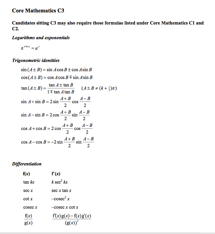 C3 Formula Sheet Revision Notes In A Level And Ib Mathematics
