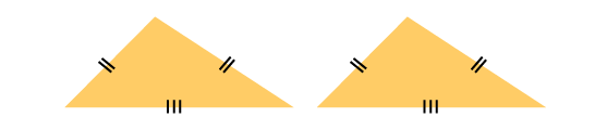 Two triangles, left-side and right-side of both triangles are equal in length. Bottom lengths is of both triangles are equal in length  (http://www.bbc.co.uk/schools/gcsebitesize/maths/images/figure_11.gif)