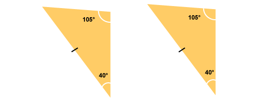 image: Two triangles, left-side of both triangle are equal to each other. Top corners of both triangles both equal 105 degrees. (http://www.bbc.co.uk/schools/gcsebitesize/maths/images/figure_13.gif)