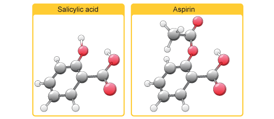 salicylic acid and aspirin molecules (http://www.bbc.co.uk/schools/gcsebitesize/science/images/125_drugs_and_drug_testing.gif)