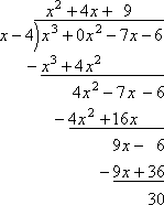 completed division: quotient x^2 + 4x + 9, remainder 30 (http://www.purplemath.com/modules/polysolv/remndr01.gif)