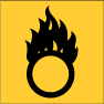 an 'O' with a fire on top in black, on a yellow background (http://www.bbc.co.uk/schools/gcsebitesize/science/images/hazard_symbol_6.gif)