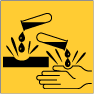 liquid dripping on hands in black on yellow background (http://www.bbc.co.uk/schools/gcsebitesize/science/images/hazard_symbol_1.gif)