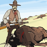 Cowboy with a rifle standing over a dead buffalo (http://www.bbc.co.uk/schools/gcsebitesize/history/images/hist_buffalo_slaught.gif)