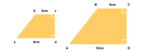 images: 4 sided shape: left shape: top length: corners BC:4cm, right-side: CD: corners CD: both 90 degree angles, bottom length: DA: 8cm, left-side: at an angle: AB. Right shape: top length: corners BC:6cm, right-side: CD: corners BC:4cm, right-side: CD, corners CD: both 90 degree angles, bottom length: DA: 12cm, left-side: at an angle: AB  (http://www.bbc.co.uk/schools/gcsebitesize/maths/images/figure_2.gif)