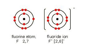 Diagrams of a fluorine atom (2,7) and a fluoride ion (2,8)- (http://www.bbc.co.uk/schools/gcsebitesize/science/images/diag_fluorine.gif)