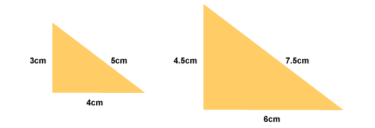 image: two triangle: left triangle: left-side: 3cm, right-side: 5cm, bottom: 4cm. Right triangle: left-side: 4.5cm, right-side: 7.5cm, bottom: 6cm.  (http://www.bbc.co.uk/schools/gcsebitesize/maths/images/figure_5.gif)