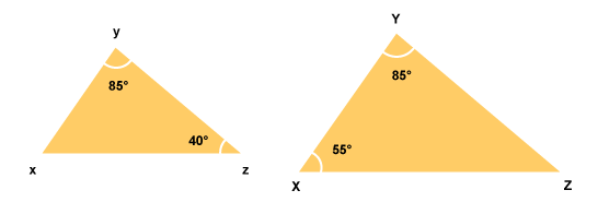 image: two triangles: left triangle: top Y corner: 85 degrees, right Z corner: 40 degrees, left corner: X. Right triangle: same labels: Y: 85 degrees, X: 55 degrees. (http://www.bbc.co.uk/schools/gcsebitesize/maths/images/figure_7.gif)