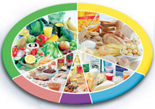 The Eatwell plate shows the balance of diet needed to remain healthy. You should eat a large amount of fruit, vegetables and starch; a good quantitiy of dairy products and meat and fish; a small amount of food and drink high in fat and sugar. (http://www.bbc.co.uk/schools/gcsebitesize/design/images/fd_eatwell.jpg)