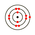 Structure of a sodium atom. A black dot represents the nucleus. The small circle around this has two red dots on it, representing the first energy level with two electrons. A larger middle circle has eight red dots, representing the second energy level with eight electrons. A larger outer circle has one red dot on it, representing the third energy level with one electron (http://www.bbc.co.uk/staticarchive/a5c40200b3b7de97619d1abe32bb32c2db7c174c.gif)