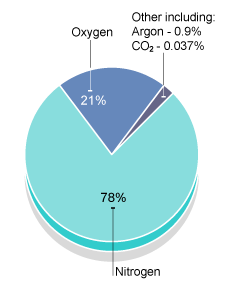 air is made up of nitrogen (78%), oxygen (21%) and other gases (1%) (http://www.bbc.co.uk/staticarchive/c0f067f1fda49b3a61d31d9d53b5d11b00c6dd18.gif)