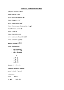 exam level 1 maths IGCSE in Additional Document Sheet Maths   Formulae